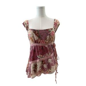 NEW Women's Large Blush Pink Ribbon Floral Fairy Cropped Asymmetrical Casual Top